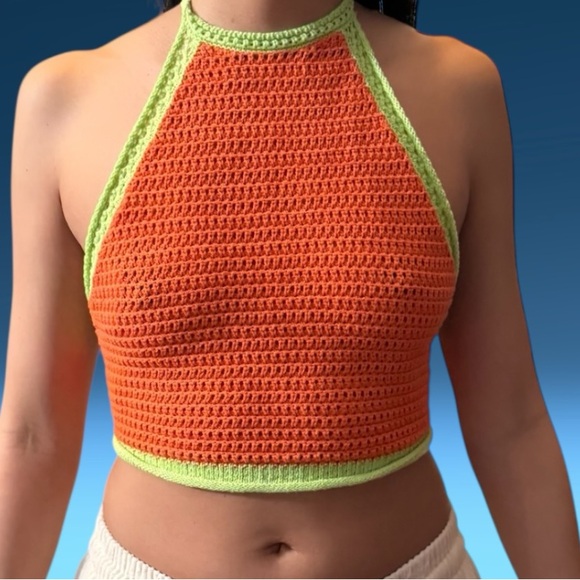 Tops - NWOT CROCHETED BRIGHT ORANGE AND NEON GREEN HALTER TOP FESTIVAL BEACH BOHO